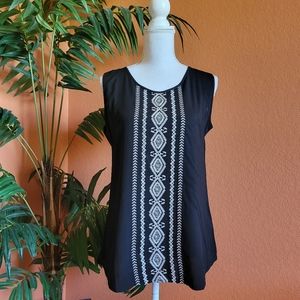 3/$25 Solitaire Sleeveless Tank Top Embroidered Black Cream Large